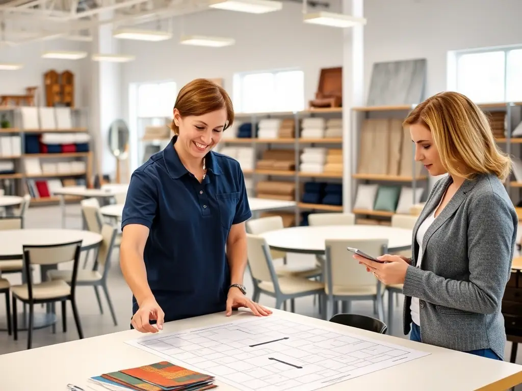 A friendly Pat's Party Rentals staff member assisting a customer in the Inspire Studio showroom, reviewing event layout options and product samples, highlighting the personalized service and expert guidance offered.