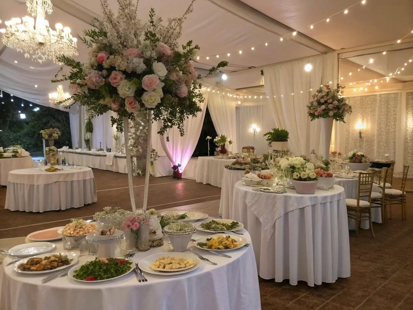 A beautifully decorated wedding reception tent with elegant lighting and table settings, showcasing Pat's Party Rentals' event rental services.