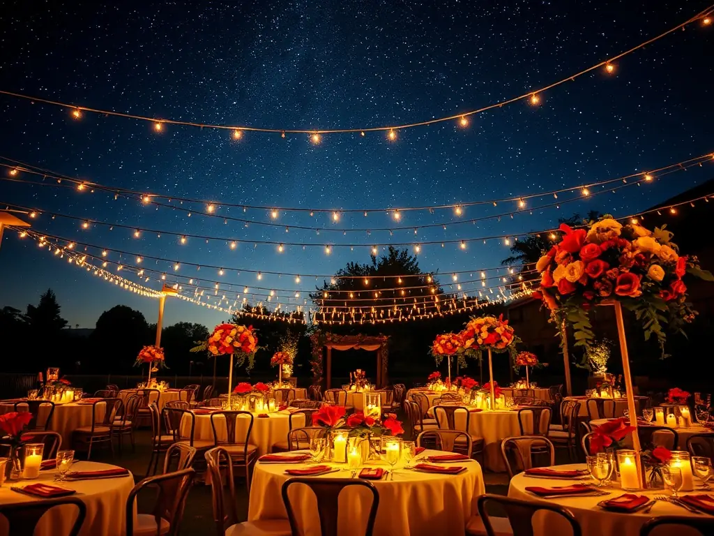 A brightly lit, elegantly decorated wedding reception tent, showcasing high-quality linens, dinnerware, and ambient lighting, emphasizing the sophistication and attention to detail Pat's Party Rentals brings to wedding events.