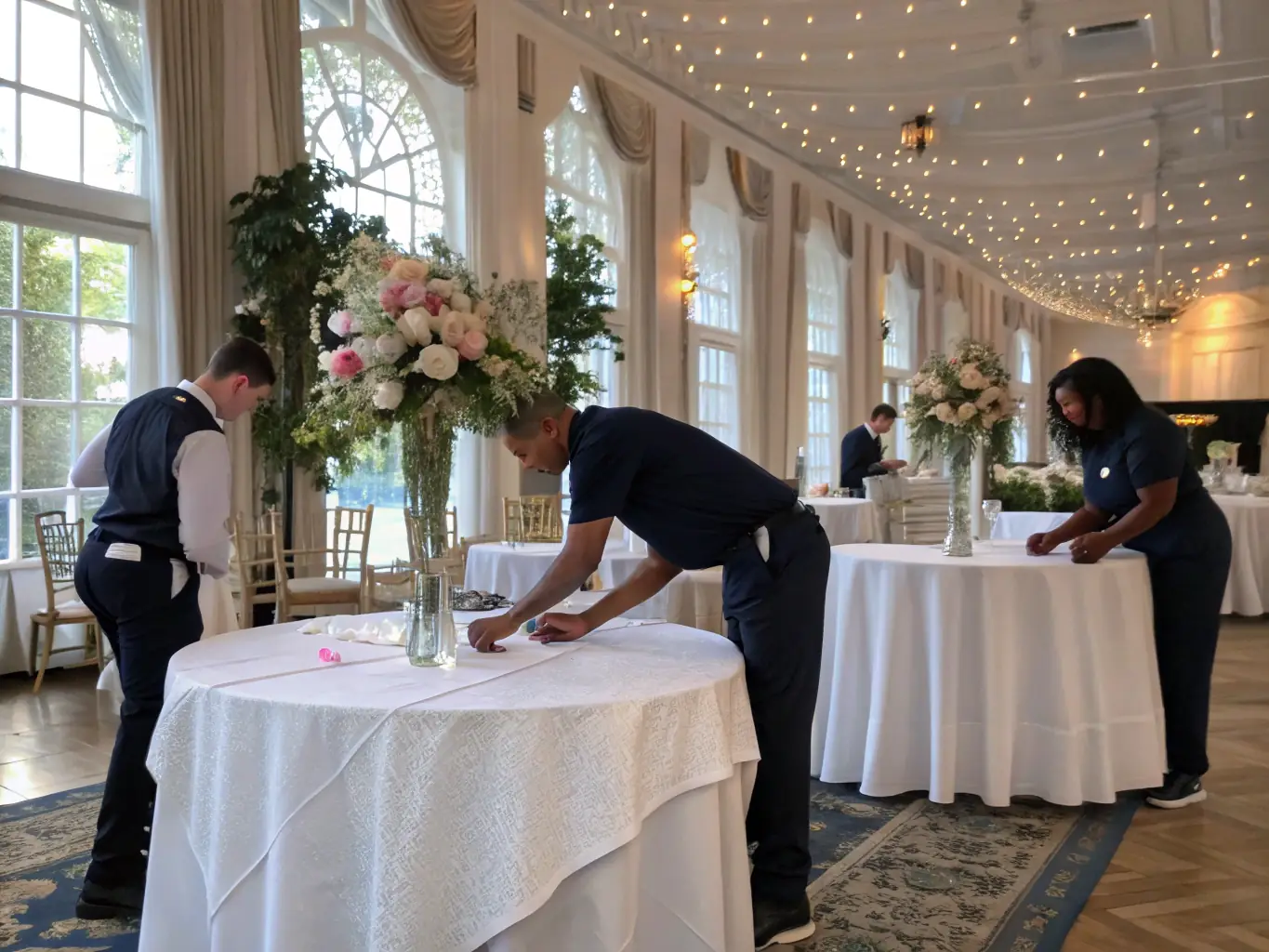 A team of event staff setting up tables and chairs at an outdoor event venue, demonstrating Pat's Party Rentals' setup and takedown services.