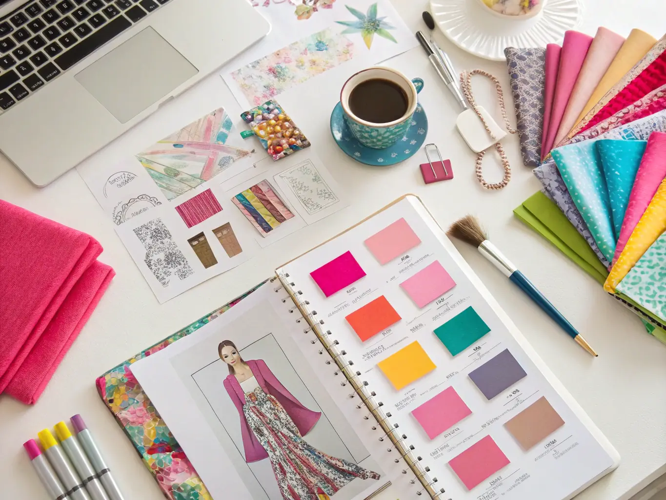 A designer working on a mood board with fabric swatches, color palettes, and event layout sketches, representing Pat's Party Rentals' design services.